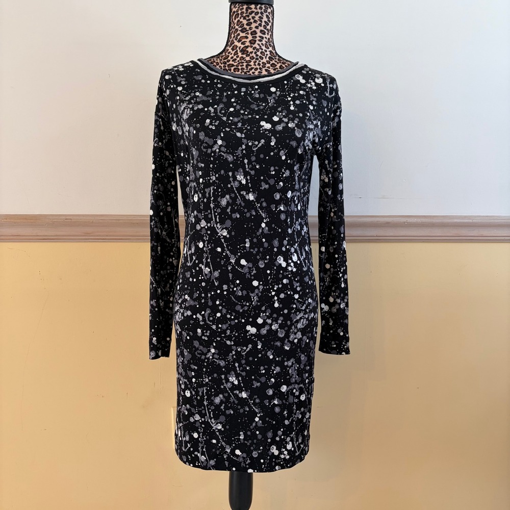 Tory‎ Burch Womens XS Black White Paint Splatter 100% Silk Jersey Sheath Dress